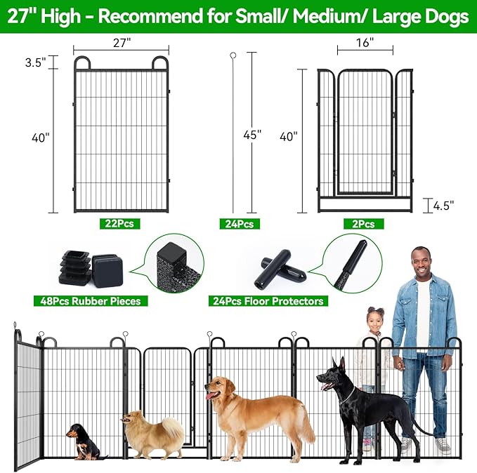 Dog Playpen Outdoor 24 Panels Heavy Duty Dog Fence 40" Height Anti-Rust with Doors Portable for RV Camping Yard, Total 54FT, 227 Sq.ft, Snowy Black