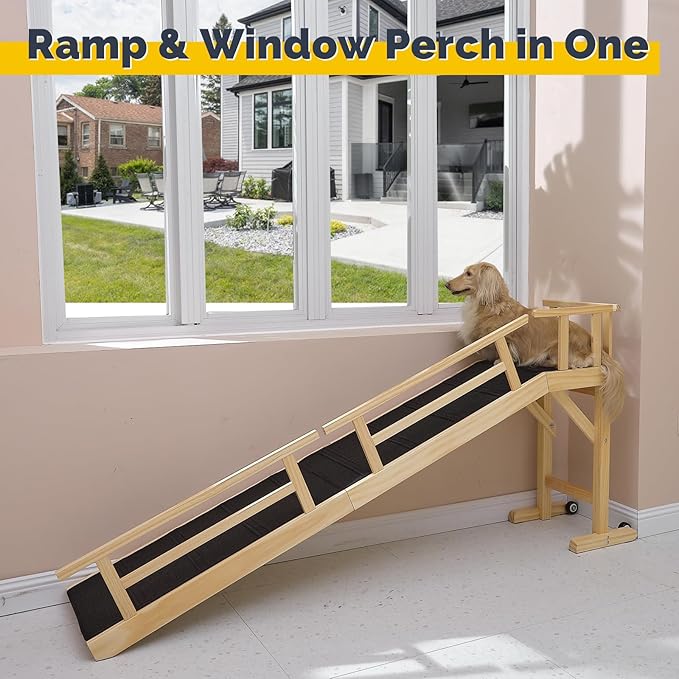 Dog Ramp for Bed or Couch, Wooden Pet Ramp with 20° Gentle Slope, Removable Side Rails, Non-Slip Surface, Top Platform & Wheels, Safe Bed Ramp for Small, Medium & Senior Dogs, 74" Long, Natural