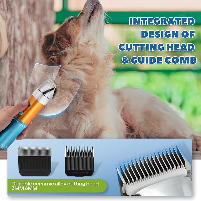 Dog Clippers for Grooming Cordless 400W with Rechargeable 5h-Standby Battery, Low Noise < 50db, Heavy-Duty Pet Hair Shaver Kit, with 2 Sharp & Detachable Blades of 3MM&6MM, Blue