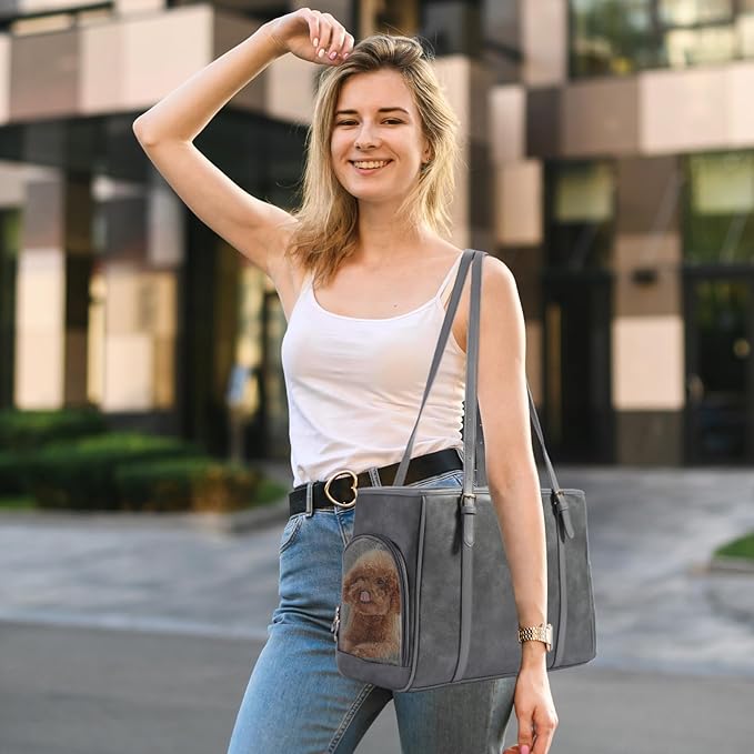 Fashion Dog Purse Pet Carrier Leather Bag for Small Dogs Cats Puppy, Portable Tote Bag Airline Approved Soft-Sided Carriers (Grey)