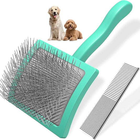 2PCS Slicker Brush for Dogs & Pet Comb,Professional Dog Grooming Brush (Goldendoodles,Poodles,Labradoodles) with Extra Long Pins to Effectively Remove Tangles, Knots and Mats (Cyan)