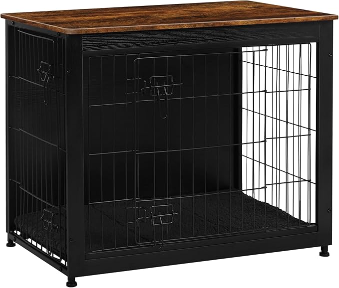 DWANTON Dog Crate Furniture with Cushion, Wooden Kennel Table with Double Doors, Indoor Dog House, Medium Size, 32.5" L, Black+Rustic Brown