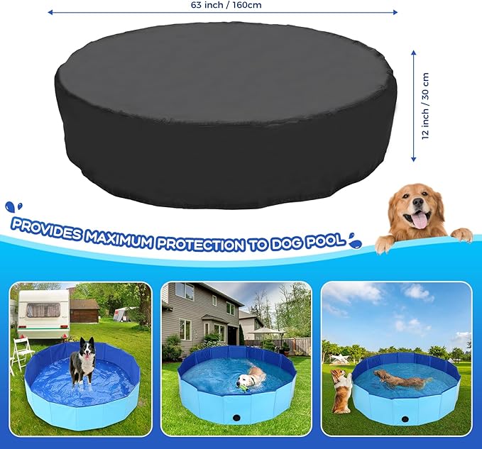 63 inch Foldable Dog Pet Bath Pool Cover, Portable Round Collapsible Pool Cover with Oxford Cloth Material and Drawstring Design for Dog Pet Pool, Waterproof and Dustproof (Black)
