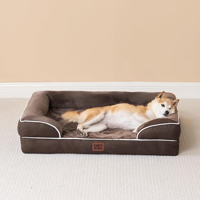 EHEYCIGA Orthopedic Dog Beds for Extra Large Dogs, Waterproof Memory Foam XXL Dog Bed with Sides, Non-Slip Bottom and Egg-Crate Foam Big Pet Couch Bed with Washable Removable Cover, Brown