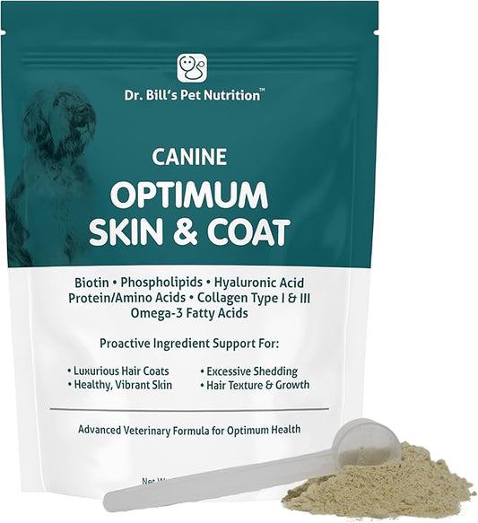 Dr. Bill's Canine Optimum Skin & Coat – Reduces Shedding, Itching, Dry Skin – Allergy Relief for Healthy Fur - Omega 3, Collagen, Biotin & Hyaluronic Acid – 340g Vet-Recommended Dog Supplement