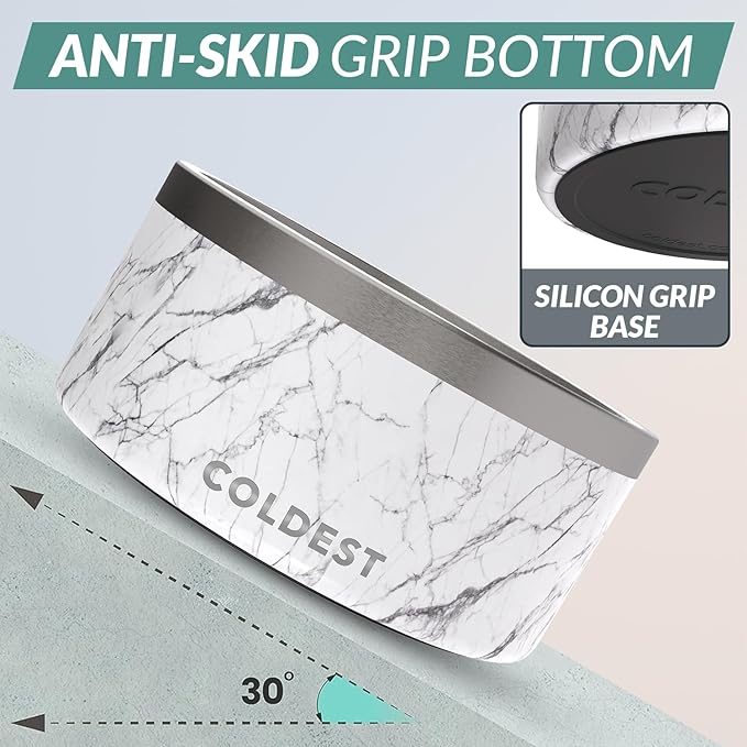 Coldest Dog Bowl - Anti Rust Metal, Non Slip, 3 Layers Insulated Stainless Steel Dog Bowls - Spill Proof & Heavy Duty - Water Bowl for Dogs, Cats & Pets, Dish Washer Safe (200 oz, Carrara Marble)