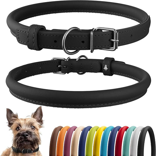 CollarDirect Rolled Leather Dog Collar, Soft Padded Round Puppy Collar, Handmade Genuine Leather Collar Dog Small Large Cat Collars 13 Colors (8-11 Inch, Black Smooth)