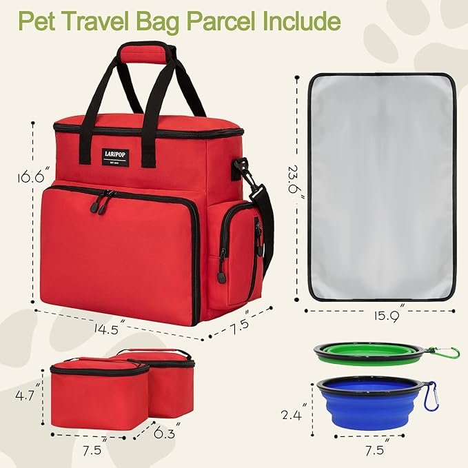 Dog Travel Bag,Weekend Pet Travel bag Set for Dog and Cat,Airline Approved Tote Multi-Function Bags for Traveling,Include 2 Collapsible Bowls,2 Food Storage Containers,1 Feeding Mat,Red