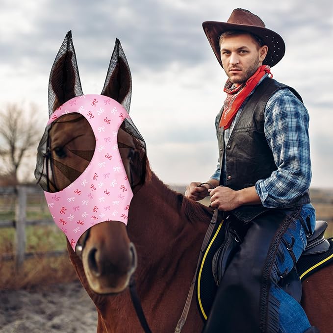 Chunful 6 Pcs Horse Fly Masks with Ears Smooth and Comfortable Cashel Mesh Fly Mask Elasticity Breathability UV Protection Horse Face Covering for Riding Supplies(Pink Bow,Medium)