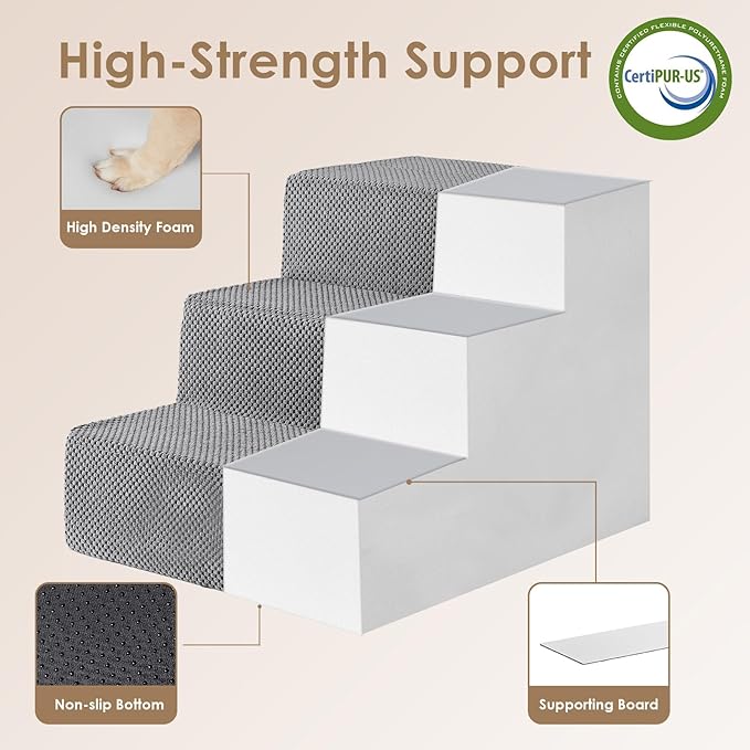 EHEYCIGA Dog Stairs for Small Dogs 16.5" H, 3-Step Extra Wide Dog Steps for Couch Sofa and Chair, Pet Steps for Medium Cats, Non-Slip Balanced Pet Ramp Indoor, Grey