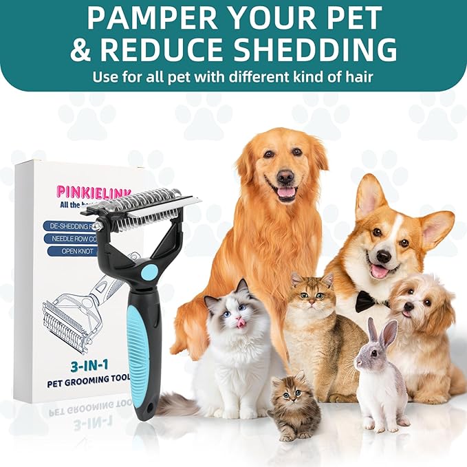 3-IN-1 Pet Grooming Tool - Undercoat Rake, Dematting Comb & Deshedding Brush for Cats & Dogs - Removes Mats, Tangles & Loose Fur, Reduces Shedding & Prevents Hair Mess (Blue)