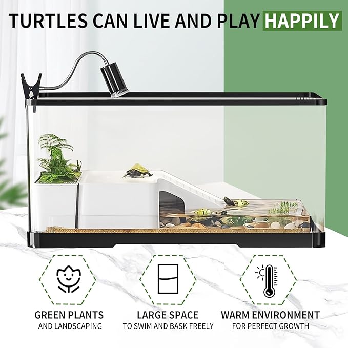 (Tank + Light + Filter + Filter Balls) Turtle Tank Kit, Turtle Tank Starter Kit,Bottom Drainage, Multi-Function Areas for Turtles, Crabs,Fishes, Amphibians,Reptiles.(15.75 x 8.64 x 8.64 Inch)