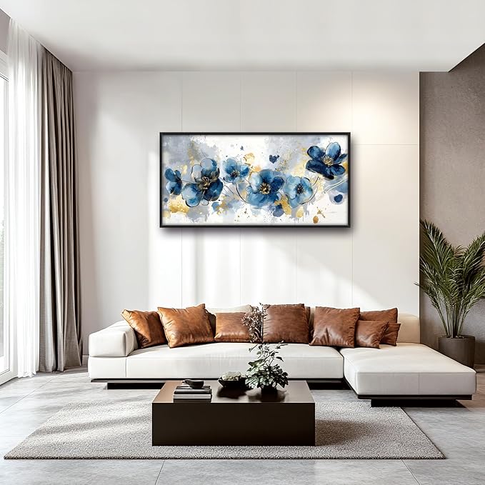 Extra Large Framed Abstract Blue Flower Wall Art,Oversized Golden Grey Floral Wall Decor Pictures for Living Room,Canvas Print Painting Modern Artwork Bedroom Office Bathroom Home Decor 60L" x 30W"