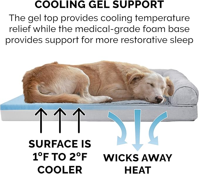 Furhaven Cooling Gel Dog Bed for Medium/Small Dogs w/ Removable Bolsters & Washable Cover, For Dogs Up to 35 lbs - Plush & Suede Sofa - Gray, Medium