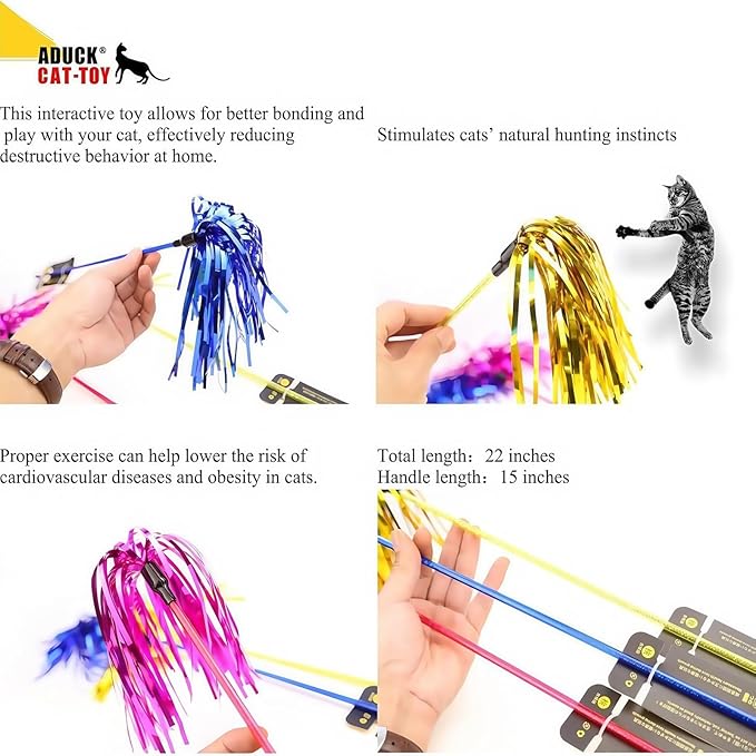 ADUCK Interactive Cat Teaser Wand Toy with Tassels - Durable Cat Chaser for Indoor Kitten Exercise, Boredom Relief & Training Play - Assorted Color, 1 Pack