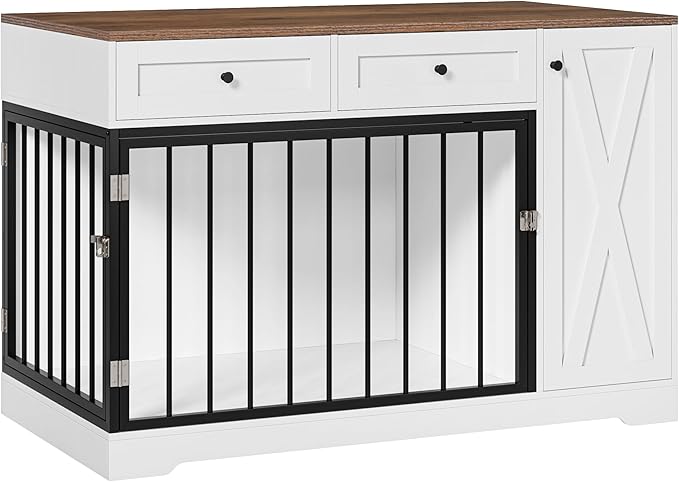 Dog Crate Furniture Kennel with Double Doors Wooden Pet House with 2 Drawers and Storage Cabinet, Indoor Dog Cage Farmhouse Modern Side End Table for Small Medium Dogs, White