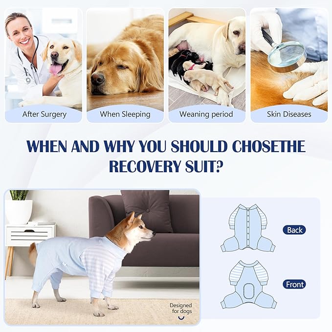 Dog Recovery Suit, Abdominal Wound After Surgery Wear, Anti Licking Bodysuit with Snaps, E-Collar & Cone Alternatives, Long Sleeve Dog Spay Surgical Onesie Prevent Shedding(Large, Blue)