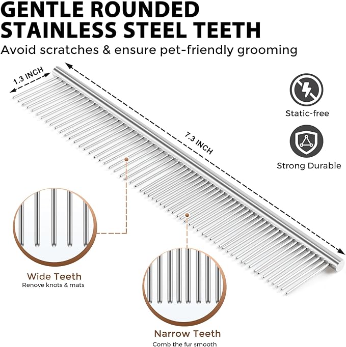 Dog Slicker Brush for Shedding and Grooming Medium or Long Haired Cats, Extra Long & Soft Pin Slicker Brush for Removes Loose Hair, Tangles, Knots, Undercoat, Free Pet Comb, Large, Oak