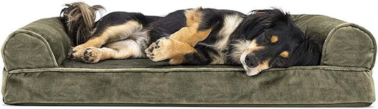 FurHaven Soft, Orthopedic Foam Sofa Dog Bed with Washable & Removable Cover - Faux Fur/Velvet - Dark Sage, Dogs Up to 35 lbs - Medium