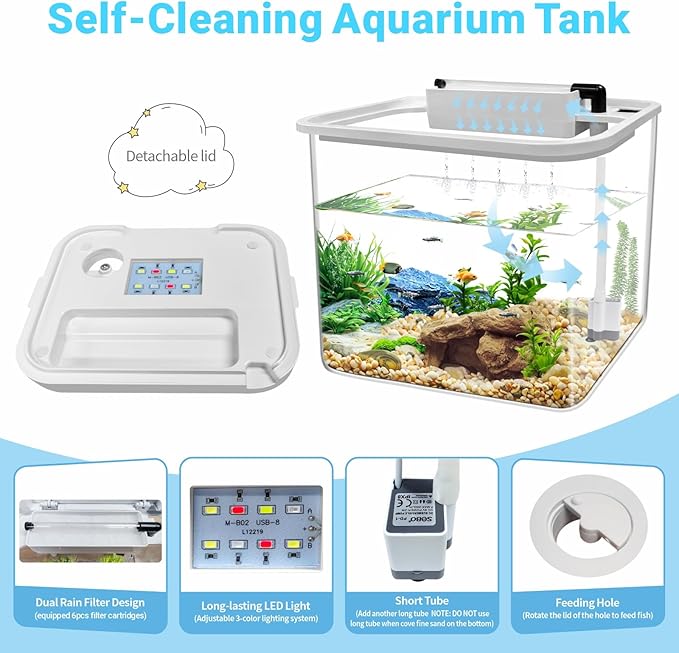 0.8 Gallon Small Fish Tank Kit, Aquarium Starter Kit with Super-Quiet Water Pump, Rain Filtration, Self Cleaning Filtration, LED Light, Easy Changing Water (White)