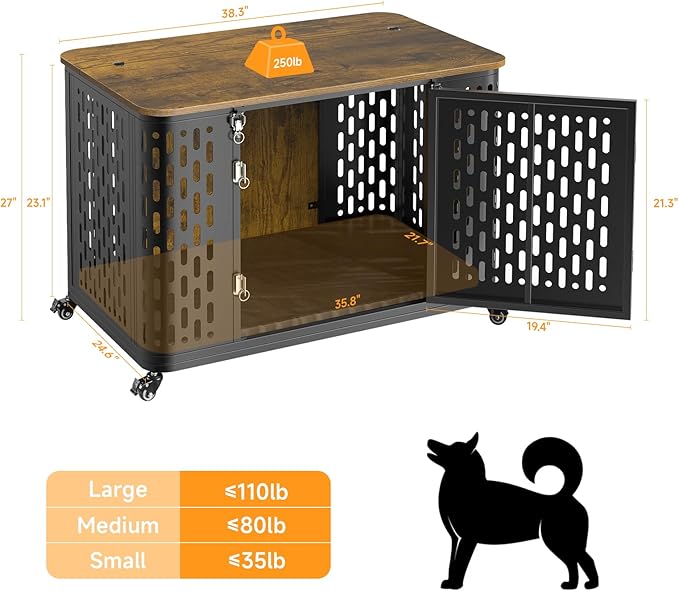 Dog Crate with Cushion, 38" Wood Heavy Duty Dog Crate Furniture with Flip Top & Wheels for High Anxiety Dogs, Escape Proof Pet Cage for Small/Medium Dogs