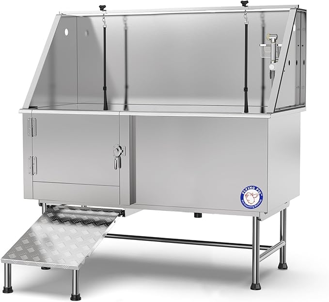 Flying Pig 62" Stainless Steel Pet Dog Grooming Bath Tub with Walk-in Ramp & Accessories (Left Door/Right Drain)