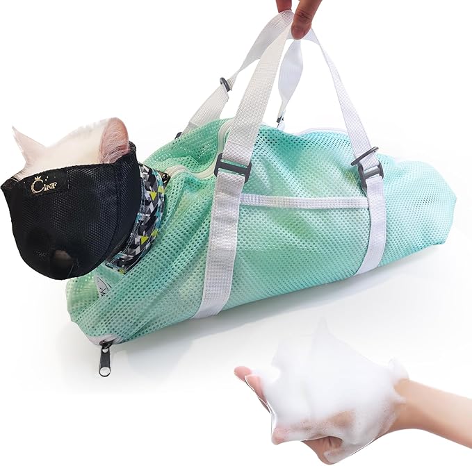Cinf Cat Bathing Bag(Free Muzzle) Breathable Mesh Anti Scratch Adjustable Cat Grooming Bag for Nail Trimming, Bathing Soft Cat Washing Bag(Mint) L
