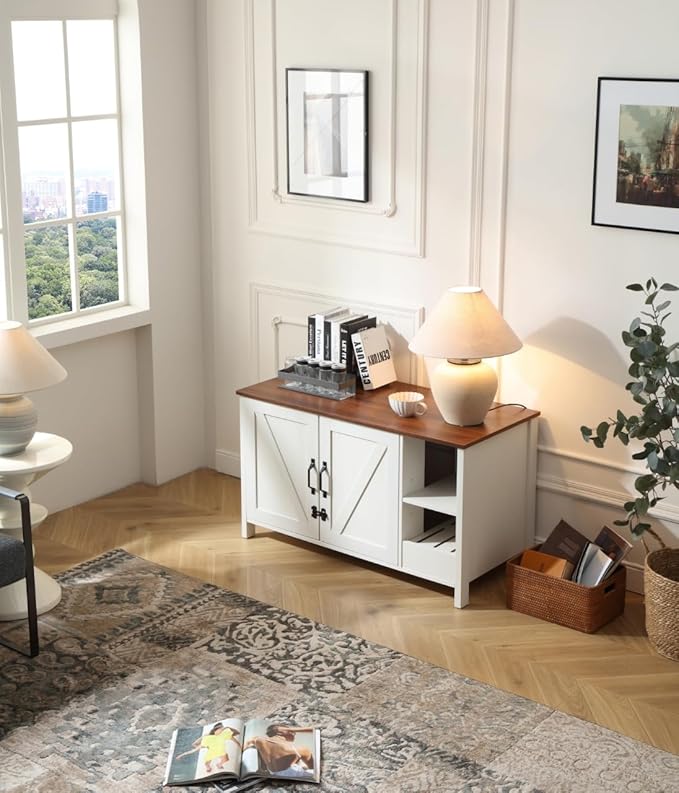 41.3'' Cat Litter Enclosure,Adjustable Shelf for Dog Proof and Storage,Locks Added for Cat, Litter Collector,Small Indoor Cat House,Antique White