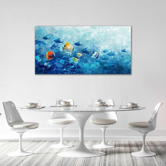 Extra Large Wall Art Tropical Fish Canvas Living Room Pictures Framed Prints Ocean Blue Oversize Wall Decor Animal Painting Artwork for Bedroom Dining Office Home 60"x30"