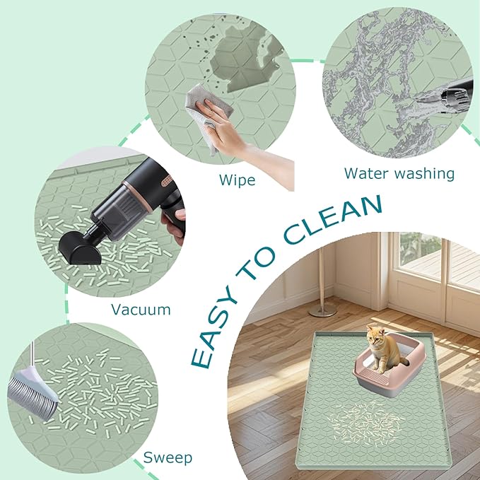 Cat Litter Mat, Silicone Large Cat Mat for Litter Box - 34x22 in, Waterproof & Non-Slip, Durable & Easy Clean, Green