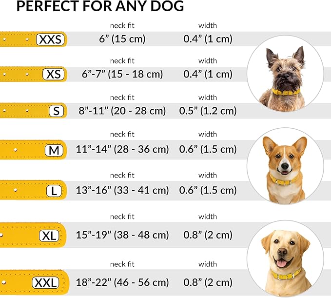 CollarDirect Rolled Leather Dog Collar, Soft Padded Round Puppy Collar, Handmade Genuine Leather Collar Dog Small Large Cat Collars 13 Colors (6 Inch, Yellow Smooth)