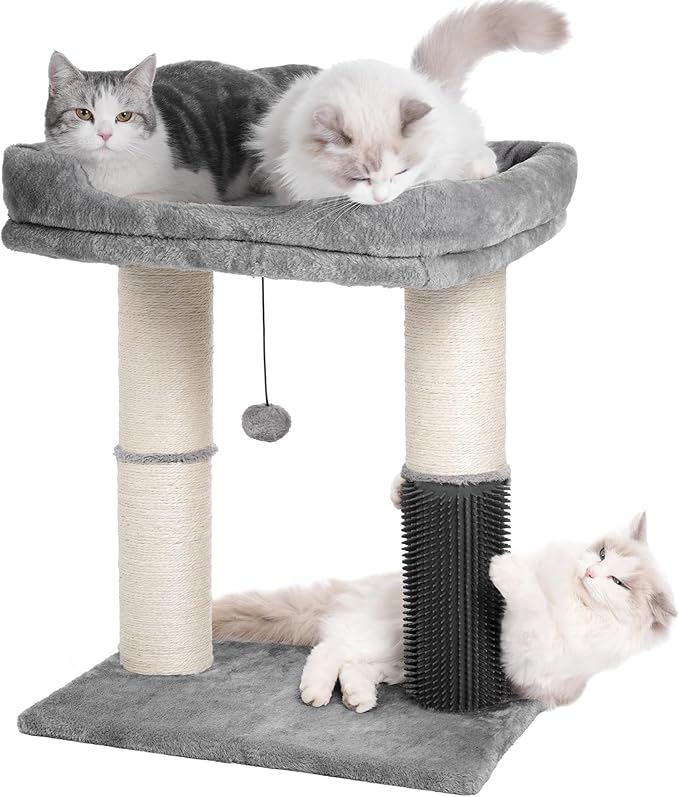 Cat Tree Tower for Large Cats Cat Scratching Post with 20x15.7”Wide Top Bed, Self Groomer, Thick Scratch Post [Dia=4.5”] and Danging Ball Great for Indoor Cats-Large Grey