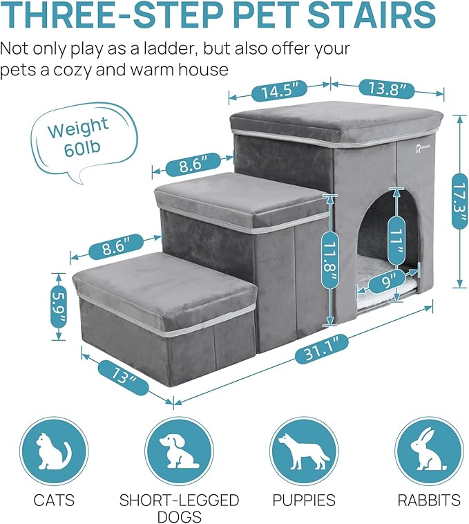 Foldable Pet Stairs for Beds & Sofas - Non-Slip Dog Steps with Storage for Small to Medium Dogs & Cats, Supports up to 120 lbs - Durable 2 & 3-Step Doggie Ladder for Easy Access