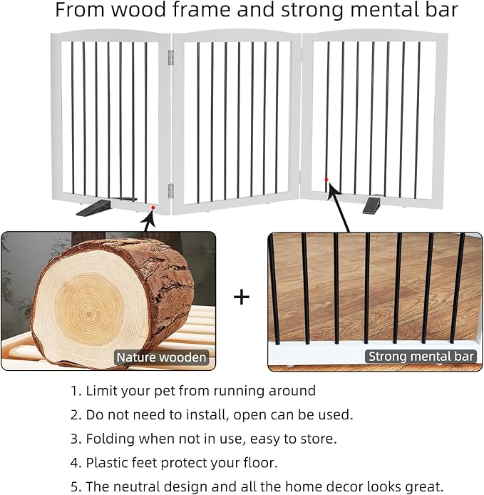 Foldable Wooden Freestanding Dog Gate - 32" H, 3 Panels, Stairs/Doorways, Support Feet Included, White