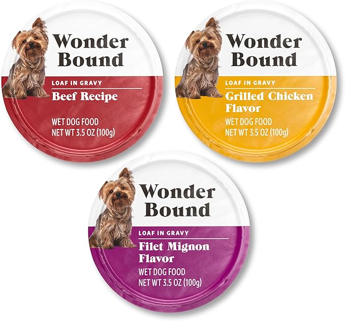 Amazon Brand - Wonder Bound Small Breed Wet Dog Food, Variety Pack (Beef Recipe, Grilled Chicken Flavor, Filet Mignon Flavor), Loaf in Gravy, 3.5 Ounce (Pack of 24)