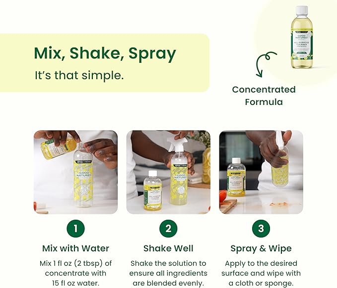 Good Natured Brand All-Purpose Cleaner Concentrate | Multi-Surface Cleaner | Natural Lemon Essential Oil | Multipurpose Cleaner Concentrate All Surfaces | Lemon Love | 8oz makes 128oz