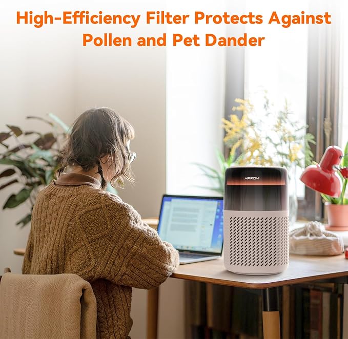 AIRROMI Air Purifier for Bedroom Home,HEPA Filter,Covers Upto 549 Ft²,Quiet 360°intake Air Cleaner with Fragrance ponge for Better Sleep,Night Light,Filters Smoke,Pet Dander,Allergies,Dust,A2005 Beige