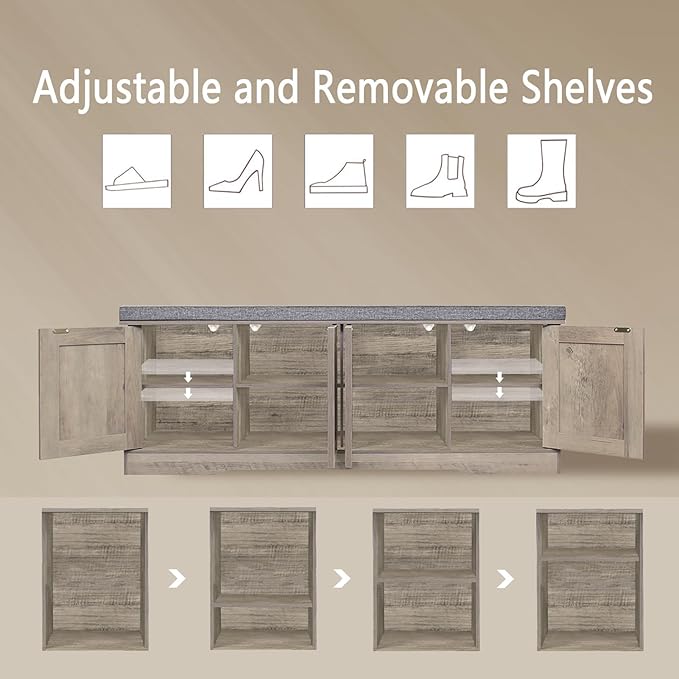 DINZI LVJ Shoe Bench, Entryway Storage Bench with Doors, Cushion, 2-Tier Shoe Rack with 8-Cubby, 47.2”L x 13.8”W Shoe Organizer Cabinet, Adjustable Shelf, Living Room, Bedroom, Gray Wash