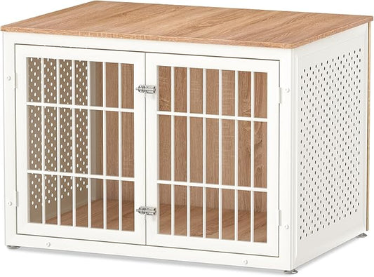 42" Heavy Duty Dog Crate Furniture for Large Dogs, Metal Kennel for High Anxiety Dogs, White Wooden Cage Furniture Indoor, Decorative Dog Kennel End Table, XL