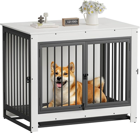Dog Crate Furniture, Dog Crate End Table for Medium and Large Dogs,Wooden Cage Kennel Furniture Indoor, Modern Dog Crate with Multi-Purpose Removable Tray, Double-Doors Dog Furniture, White