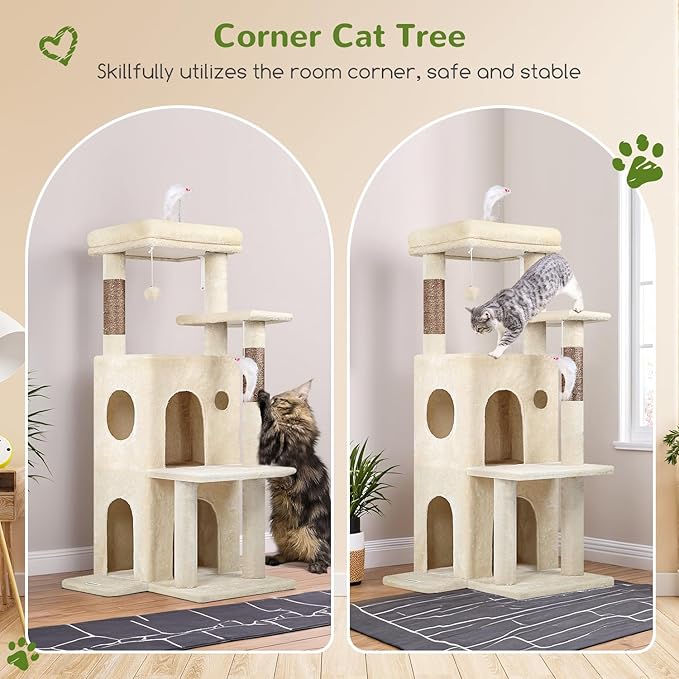 Globlazer Cat Tree Tower for Indoor Cats, 50-inch Adult Cat Tree House for Large Adult Cats with Steps, Scratching Post, 2 Cat Caves, Dangling Toys, FC50, Beige