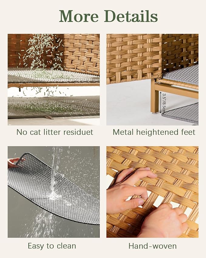 Cat Litter Box Enclosure Hidden Litter Box Furniture with Metal Heightened Feet, Rattan Handwoven Cat House with Litter Mat, Hidden Litter Box Furniture for Bedroom Living Room Natural