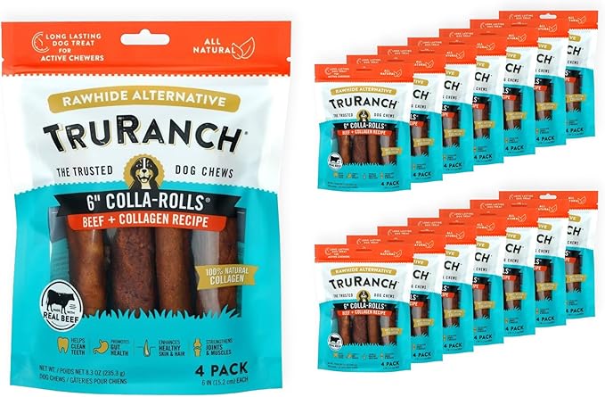 Collagen Rolls - 6" Collagen Rolls for Dogs - Long Lasting Healthy Joint Support - Rawhide Alternative - Skin & Coat Health - Made with Real Beef, Value Pack, 15 Bags, 60 Count