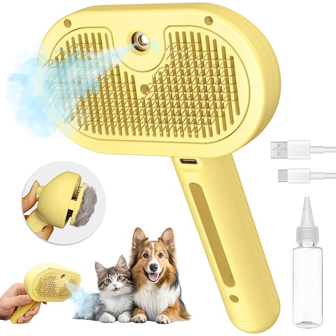 3 In 1 Steamy Brush with Release Button and Tank, Anti-Static Pet Brush for Long and Short Hair Pets to Remove Tangles and Loose Fur (Yellow)