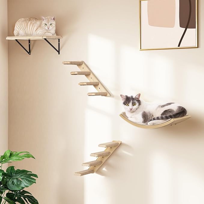 Cat Wall Shelves Set with Sisal Cats Window Perch, 4 Piece Wood Climbing Furniture with Curved Sisal Bed, Flat Shelf & Two Wall-Mounted 4 Steps Cat Stairs