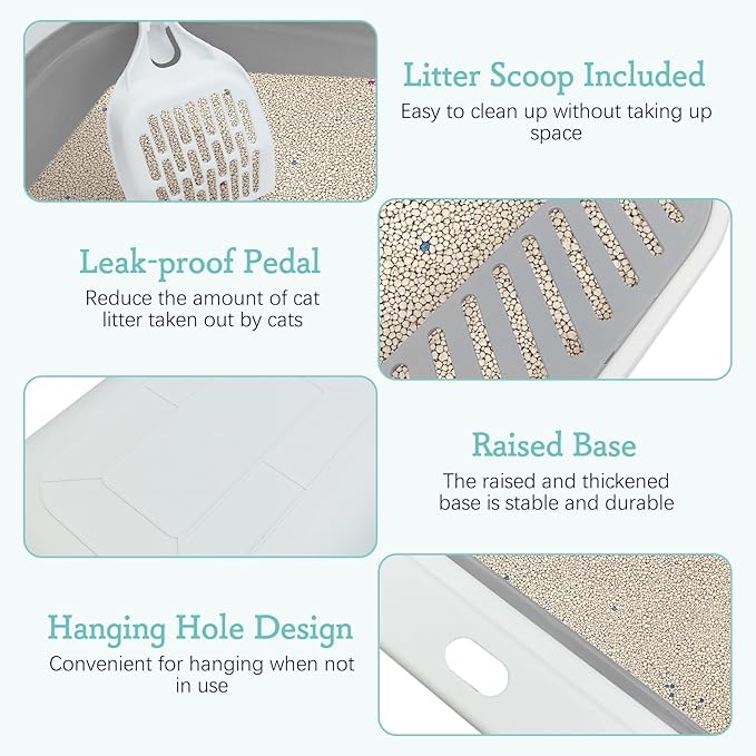 Fhiny Cat Litter Box Portable Shallow Litter Box 17.7"x13.4"x4.9" Foldable Cat Toilet with Scoop Open Kitty Potty Pan with Litter Drop Pedal Easy to Clean Travel Kitten Toilet(Gray)