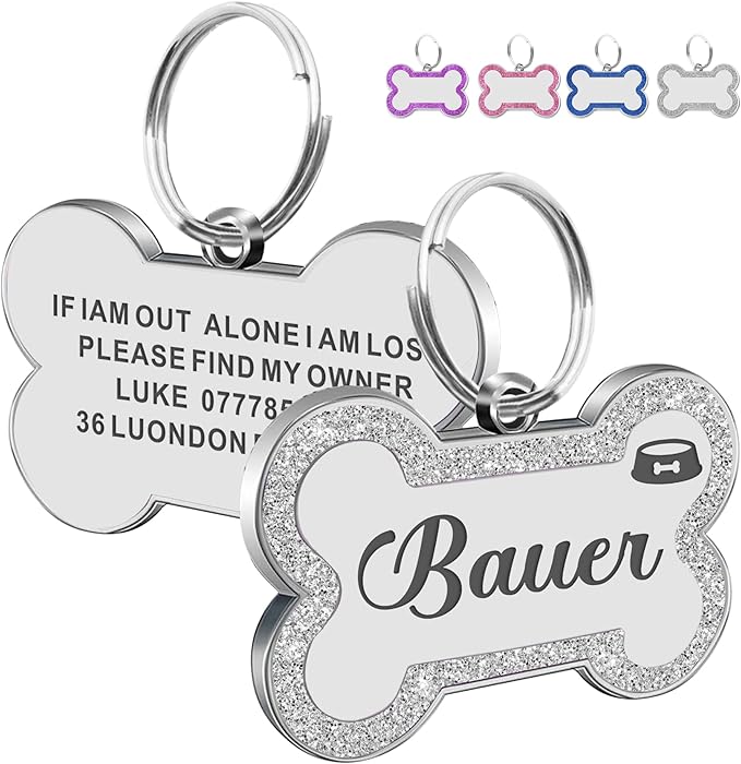 Dog Tags Personalized for Pets Dog Name Tags Personalized Dog Tag Engraved with Any Name & Text Custom Dog ID Tags Glitter Bone ID Tag for Puppy Cat (Silver L, Bone)