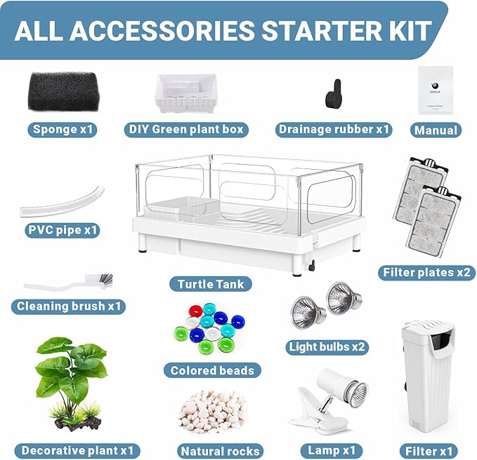GOZILLA Small Turtle Tank Kit(Tank+Lamp+Filter), Acrylic Turtle Starter Kit with Adjustable Lamp, Reptile Habitat and Terrarium with Multi-Functional Areas for Small Reptiles. (White Kit)