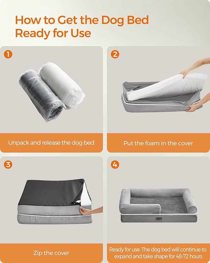 Feandrea Orthopedic Dog Bed, Large Dog Bed Waterproof, Removable Washable Cover Sofa with Non-Slip Bottom, Raised Edges, 48 x 33 x 8 Inches, Light Gray UPGW078G02V1