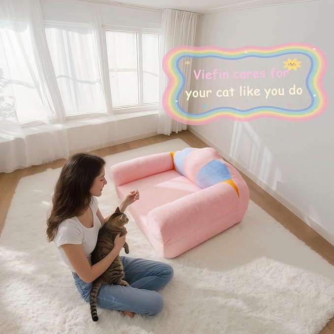 Cute Cat Couch with Soft Pillow, Supportive Dog Couch, Cat Sofa with Removable Cover，Cute Rainbow Shaped, 24 Inch
